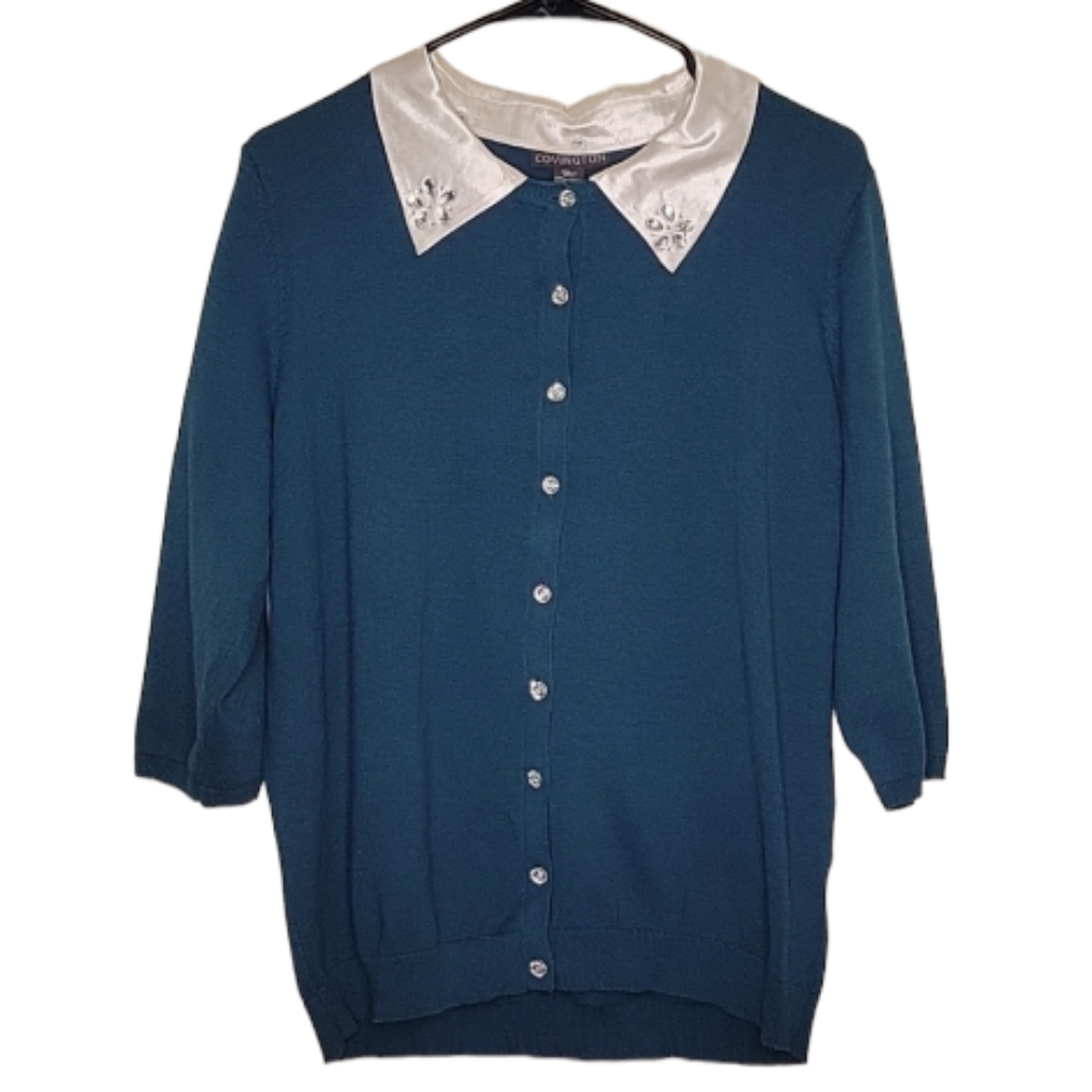 Covington Bejeweled Cardigan with Removable Collar, Size XL